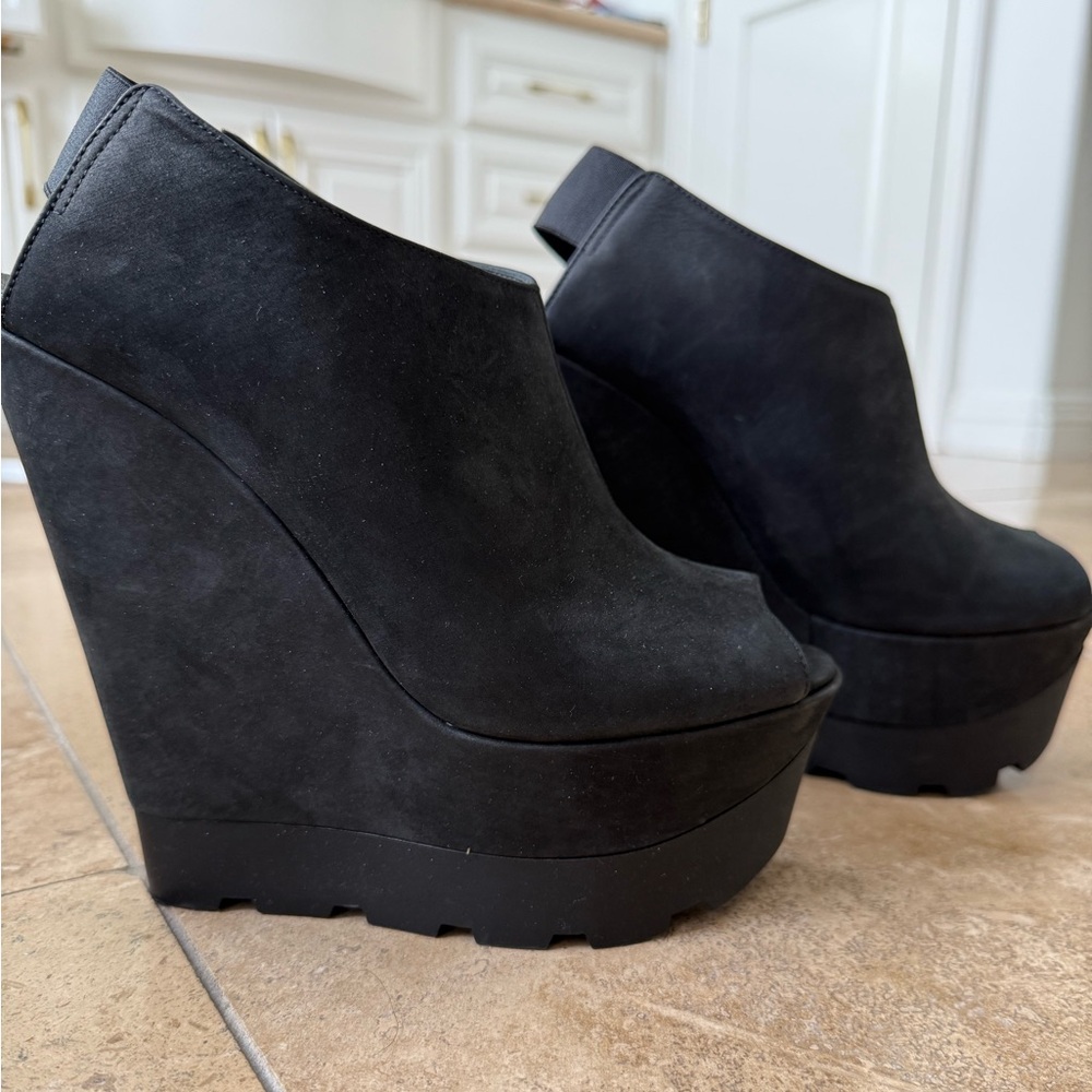 Kurt Geiger Black Suede Platform Peep-Toe Wedge Heels